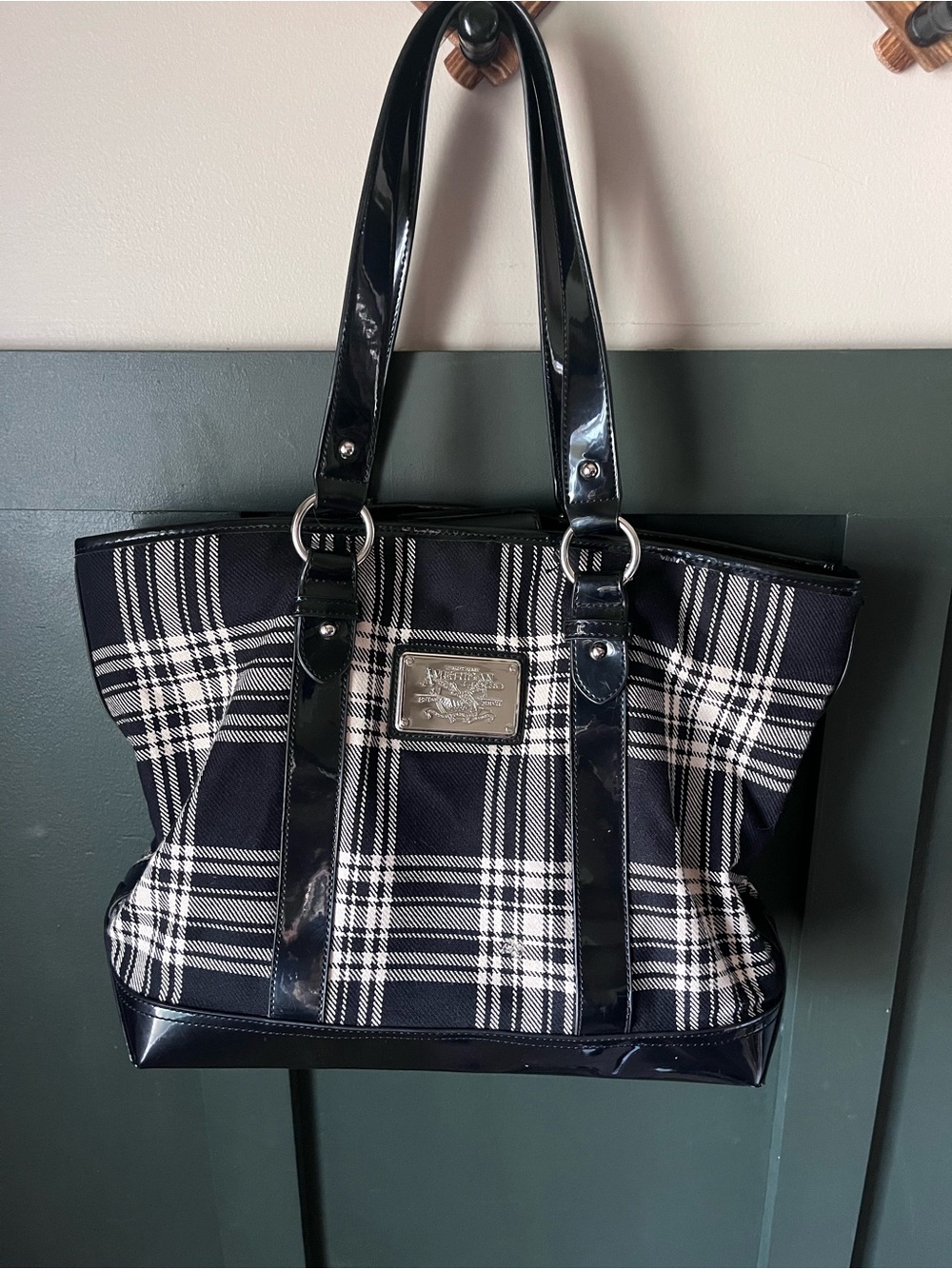 American Living Black and White cotton Plaid Tote with Patent Trim